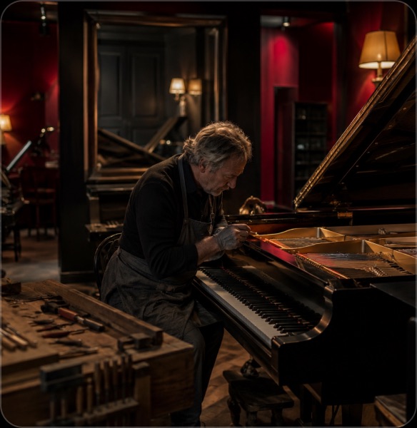 Artisan en intervention sur un piano