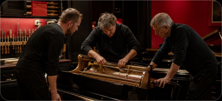 Équipe d'artisans autour d'un piano démonté