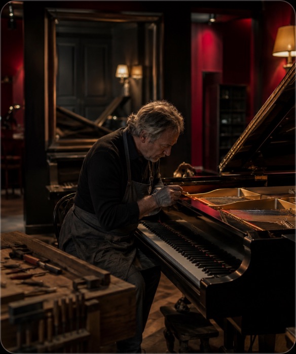 Artisan en intervention sur un piano dans l'atelier Piano Service