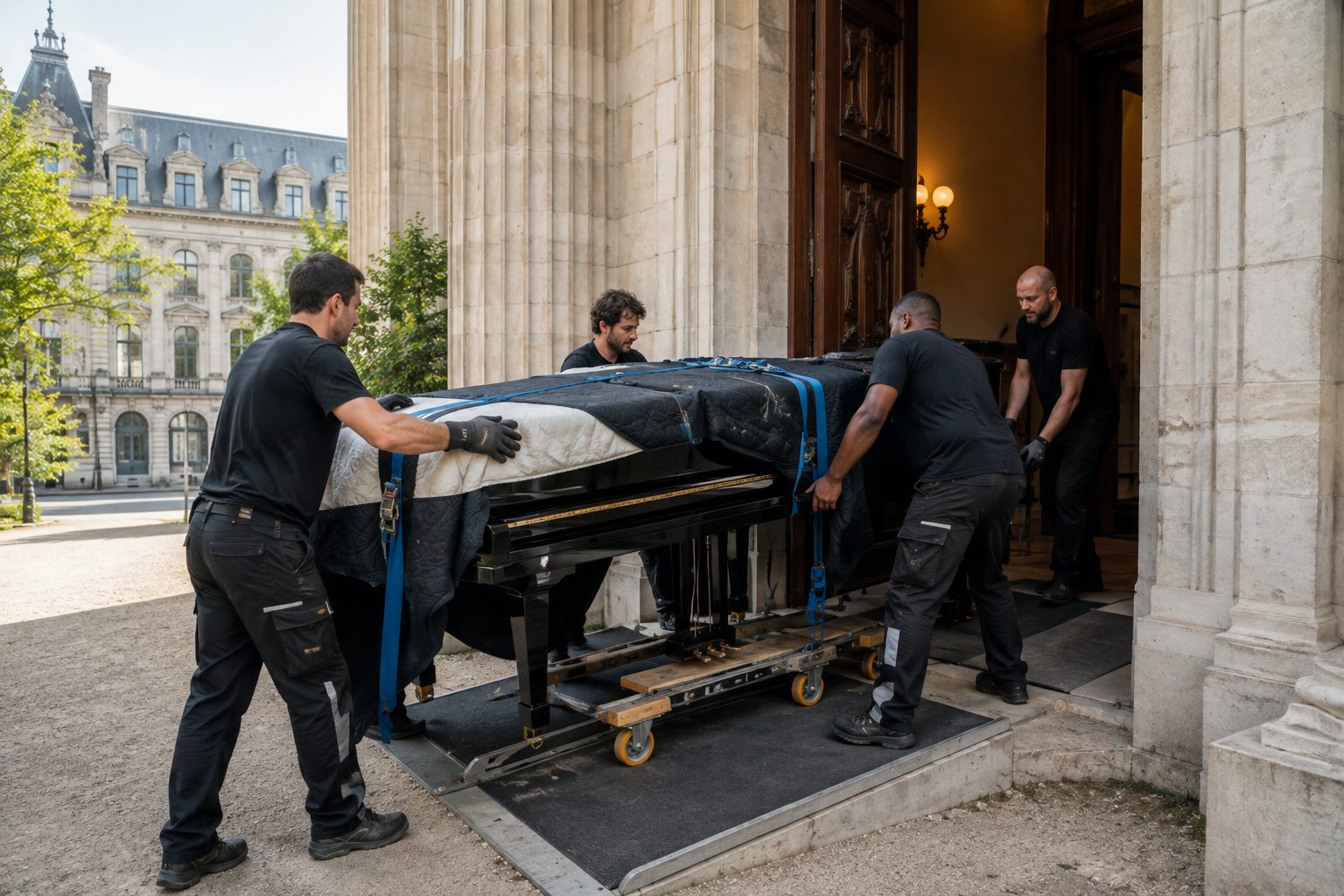 Transport d’un piano à queue par l’équipe Piano Service